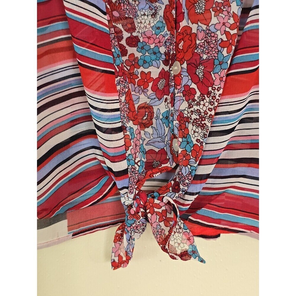 Fig & Flower Blouse Womens PS Boho Floral Stripe Tie Front 3/4 Sleeve - Picture 8 of 12